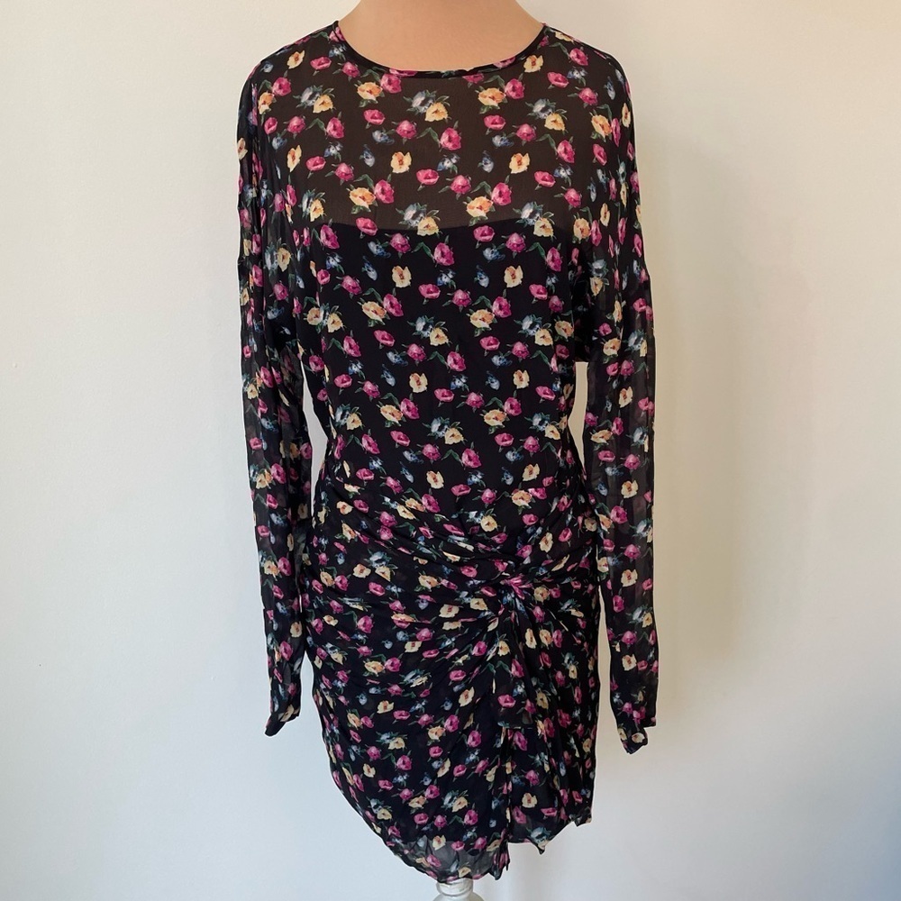 All Saints Allsaints Floral Rylie Kukio Shirred Long Sleeve Mini Dress EUC Sz 4 - Picture 7 of 12